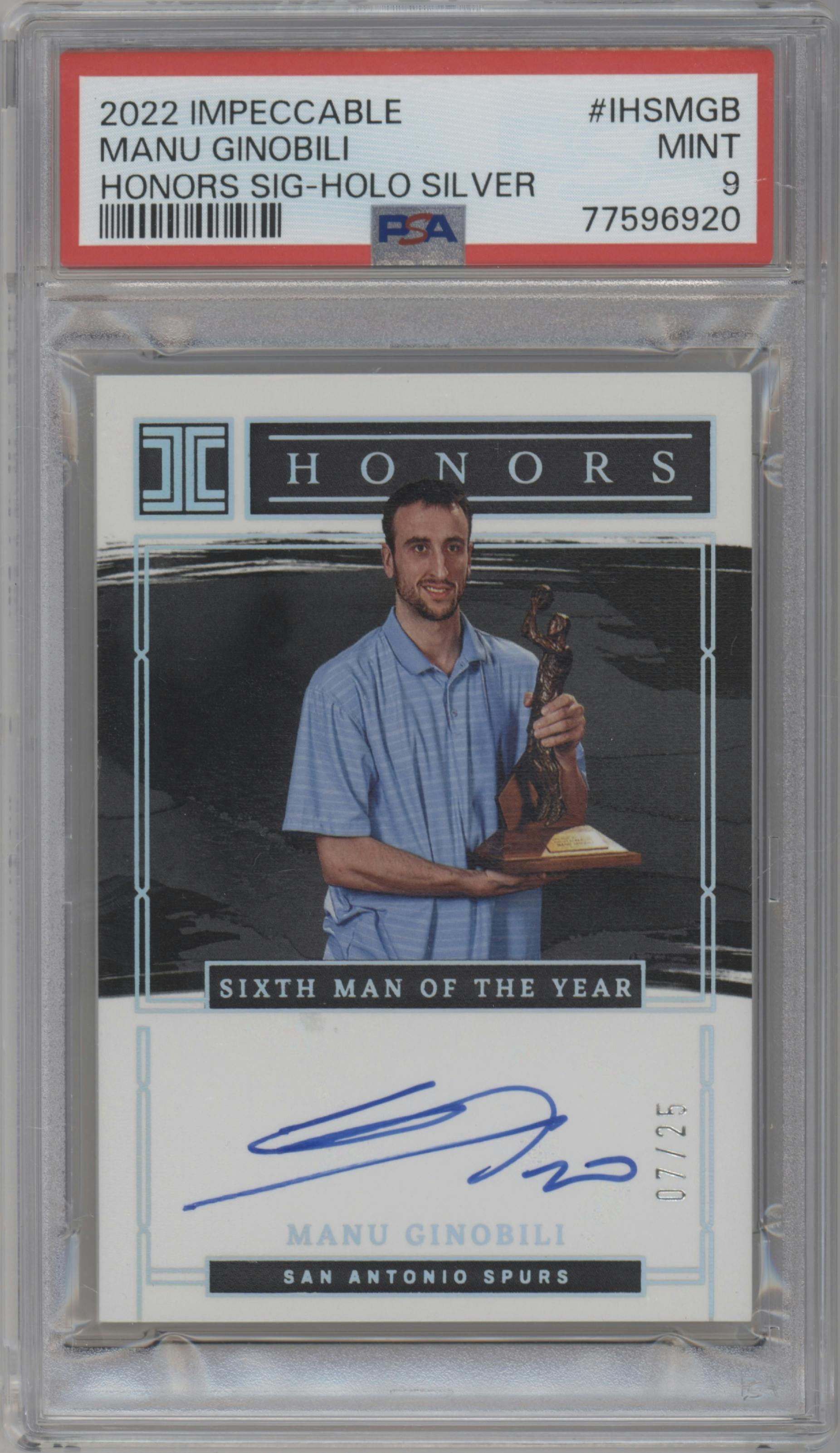 Manu Ginobili from the 2022-23 Panini Impeccable set featuring a Holo Silver parallel graded by PSA and given an overall grade of 9.