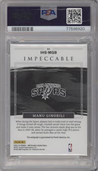 Manu Ginobili from the 2022-23 Panini Impeccable set featuring a Holo Silver parallel graded by PSA and given an overall grade of 9.