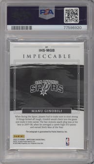 Manu Ginobili from the 2022-23 Panini Impeccable set featuring a Holo Silver parallel graded by PSA and given an overall grade of 9.