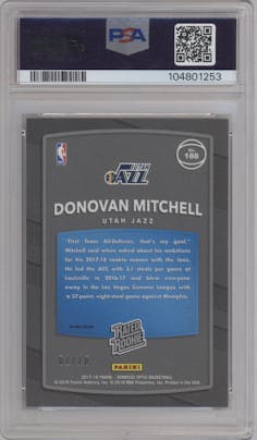 Donovan Mitchell from the 2017-18 Panini Donruss Optic set featuring a Gold parallel graded by PSA and given an overall grade of 9.