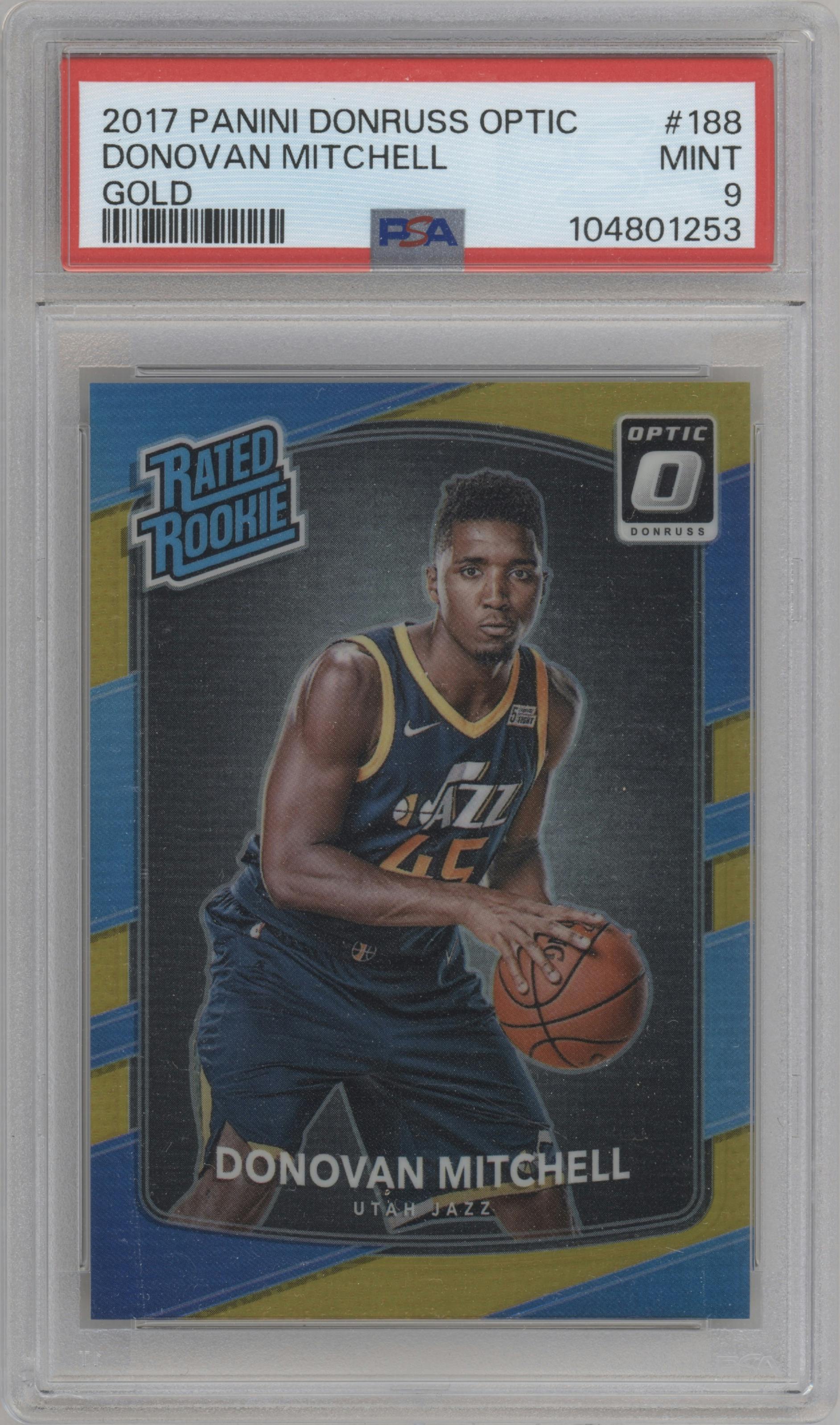 Donovan Mitchell from the 2017-18 Panini Donruss Optic set featuring a Gold parallel graded by PSA and given an overall grade of 9.