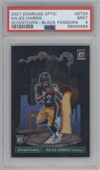 Najee Harris from the 2021 Panini Donruss Optic set featuring a Black Pandora parallel graded by PSA and given an overall grade of 9.