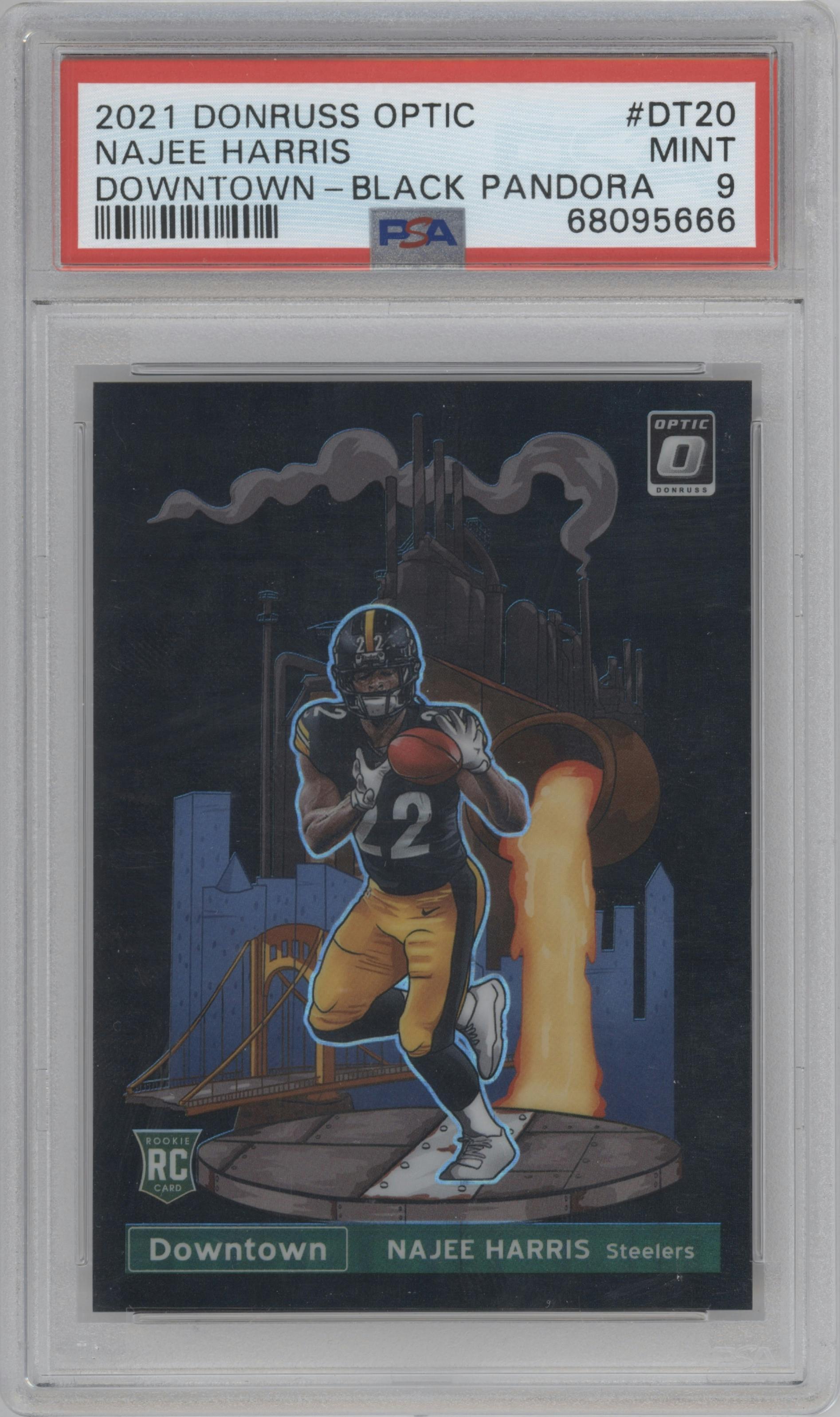 Najee Harris from the 2021 Panini Donruss Optic set featuring a Black Pandora parallel graded by PSA and given an overall grade of 9.