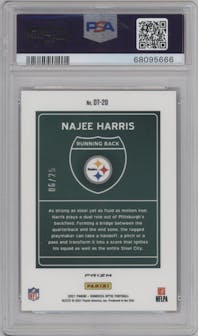 Najee Harris from the 2021 Panini Donruss Optic set featuring a Black Pandora parallel graded by PSA and given an overall grade of 9.
