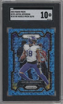 Justin Jefferson from the 2023 Panini Prizm set featuring a No Huddle Blue parallel graded by SGC and given an overall grade of 10.