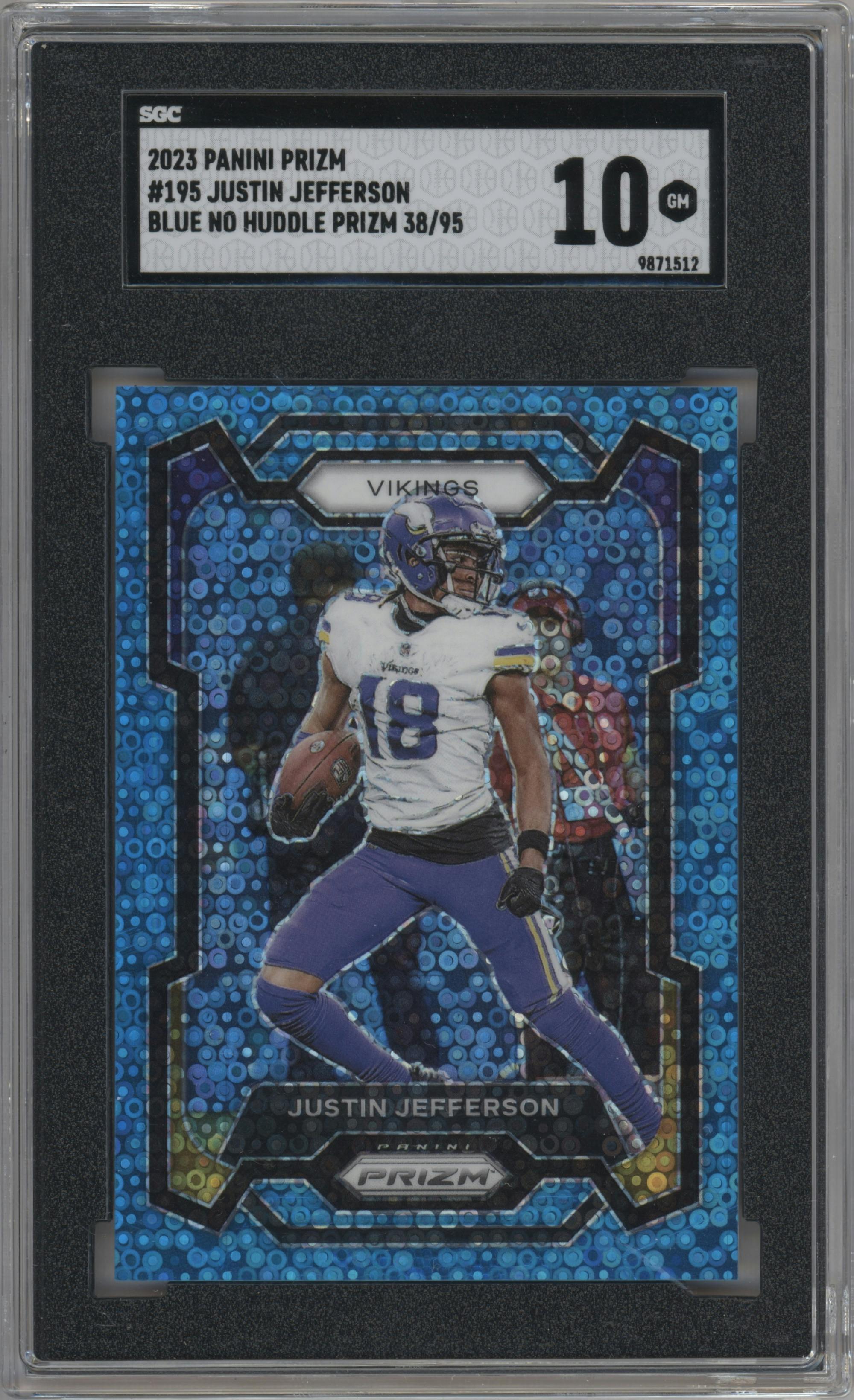 Justin Jefferson from the 2023 Panini Prizm set featuring a No Huddle Blue parallel graded by SGC and given an overall grade of 10.