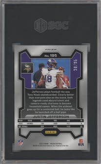 Justin Jefferson from the 2023 Panini Prizm set featuring a No Huddle Blue parallel graded by SGC and given an overall grade of 10.