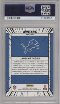 Jahmyr Gibbs from the 2023 Panini Prizm set graded by PSA and given an overall grade of 10.