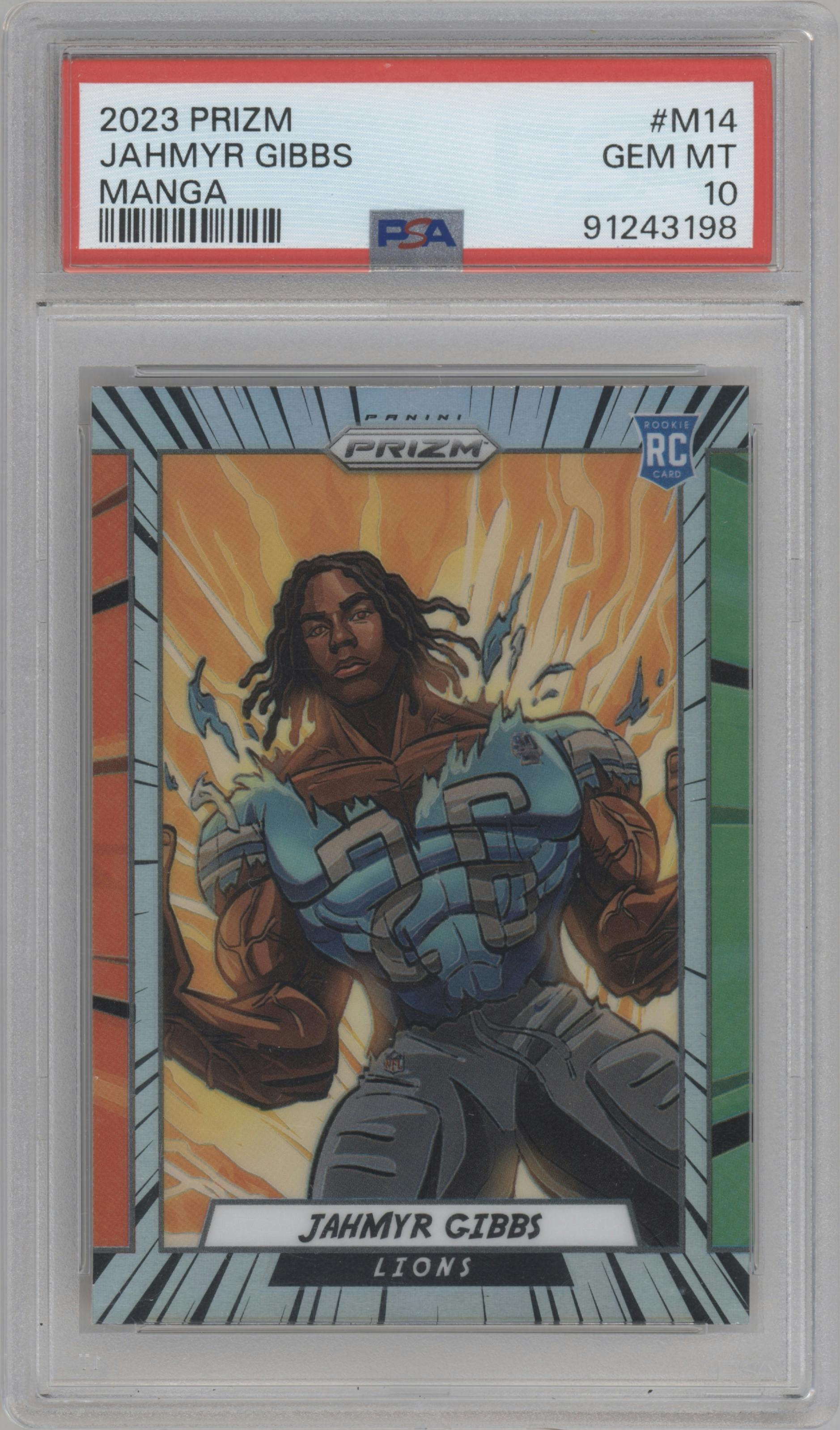 Jahmyr Gibbs from the 2023 Panini Prizm set graded by PSA and given an overall grade of 10.
