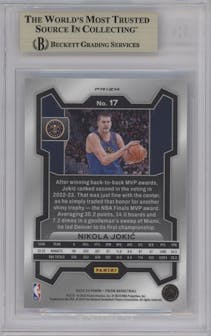 Nikola Jokic from the 2023-24 Panini Prizm set featuring a Silver Prizm  parallel graded by Beckett and given an overall grade of 9.5.