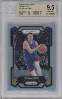 Nikola Jokic from the 2023-24 Panini Prizm set featuring a Silver Prizm  parallel graded by Beckett and given an overall grade of 9.5.