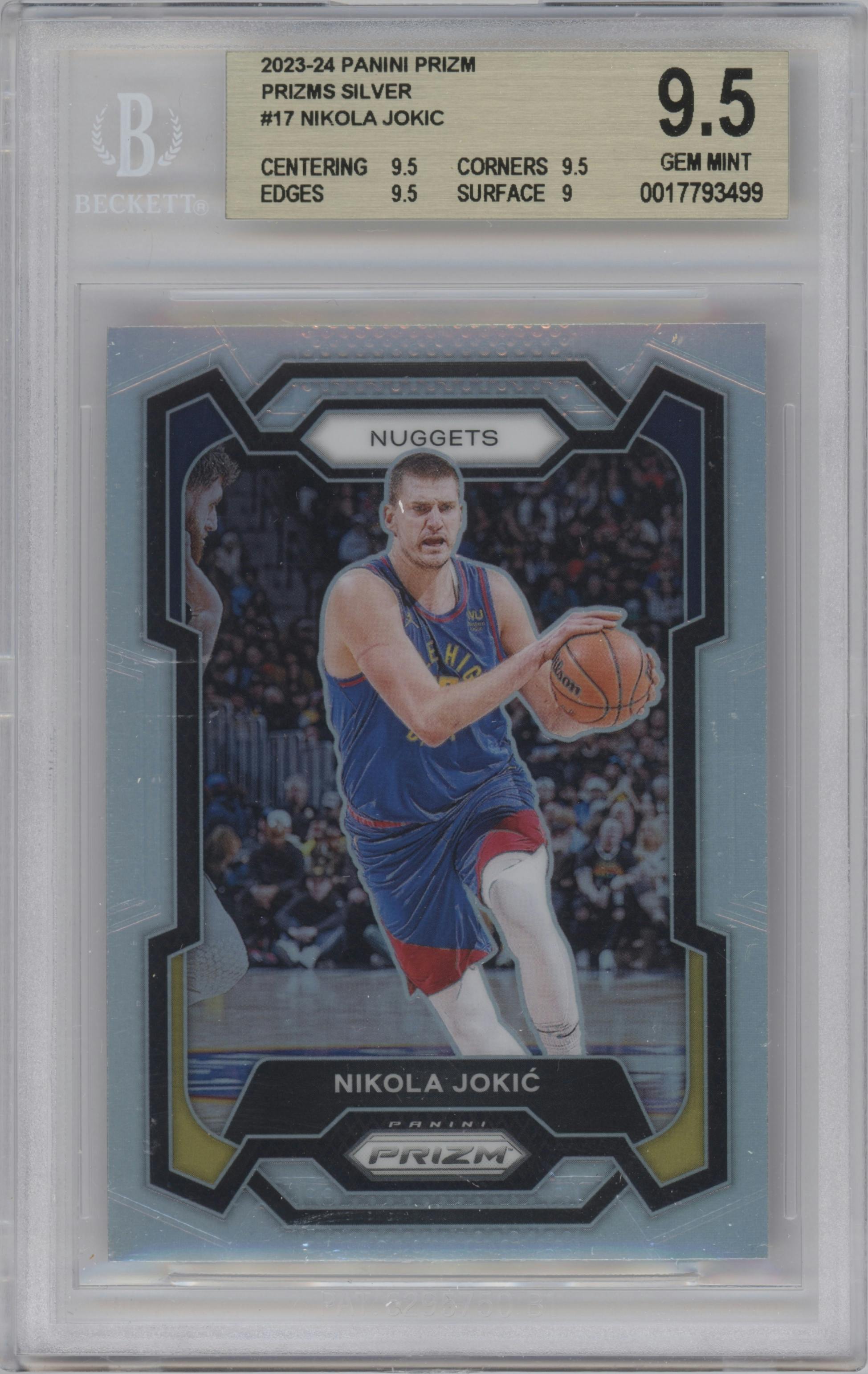 Nikola Jokic from the 2023-24 Panini Prizm set featuring a Silver Prizm  parallel graded by Beckett and given an overall grade of 9.5.