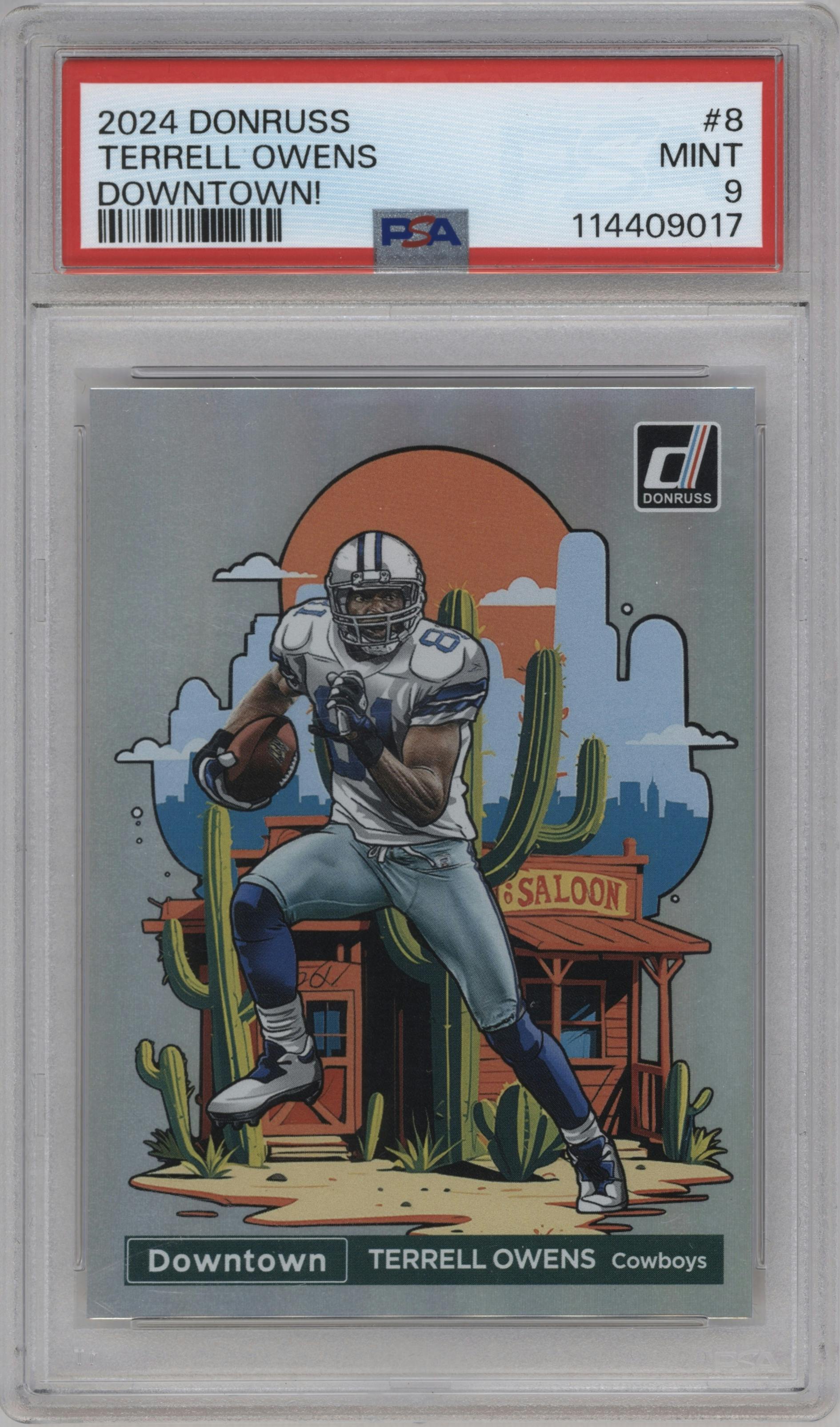 Terrell Owens from the 2024 Donruss set graded by PSA and given an overall grade of 9.