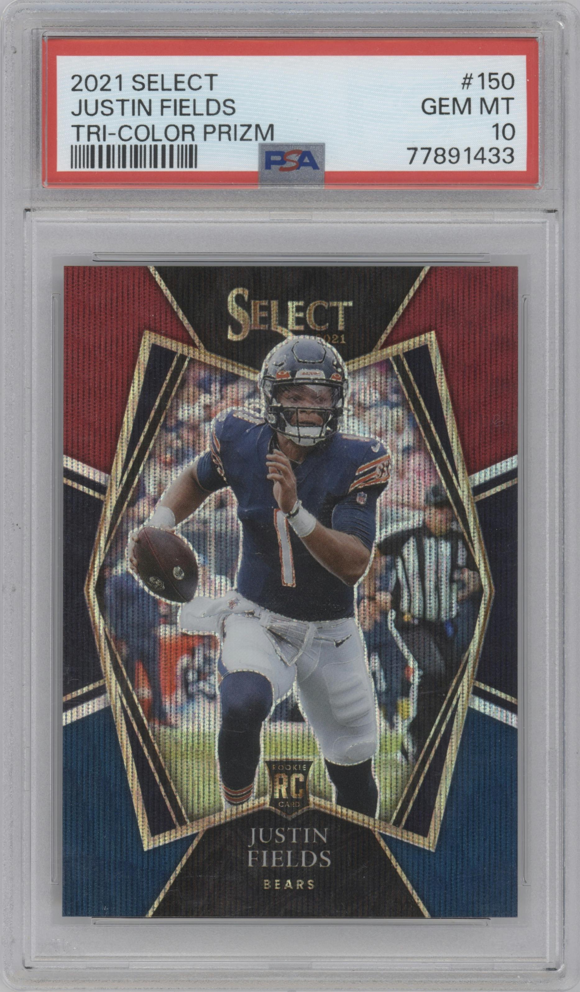 Justin Fields from the 2021 Panini Select set featuring a Tri-Color  parallel graded by PSA and given an overall grade of 10.