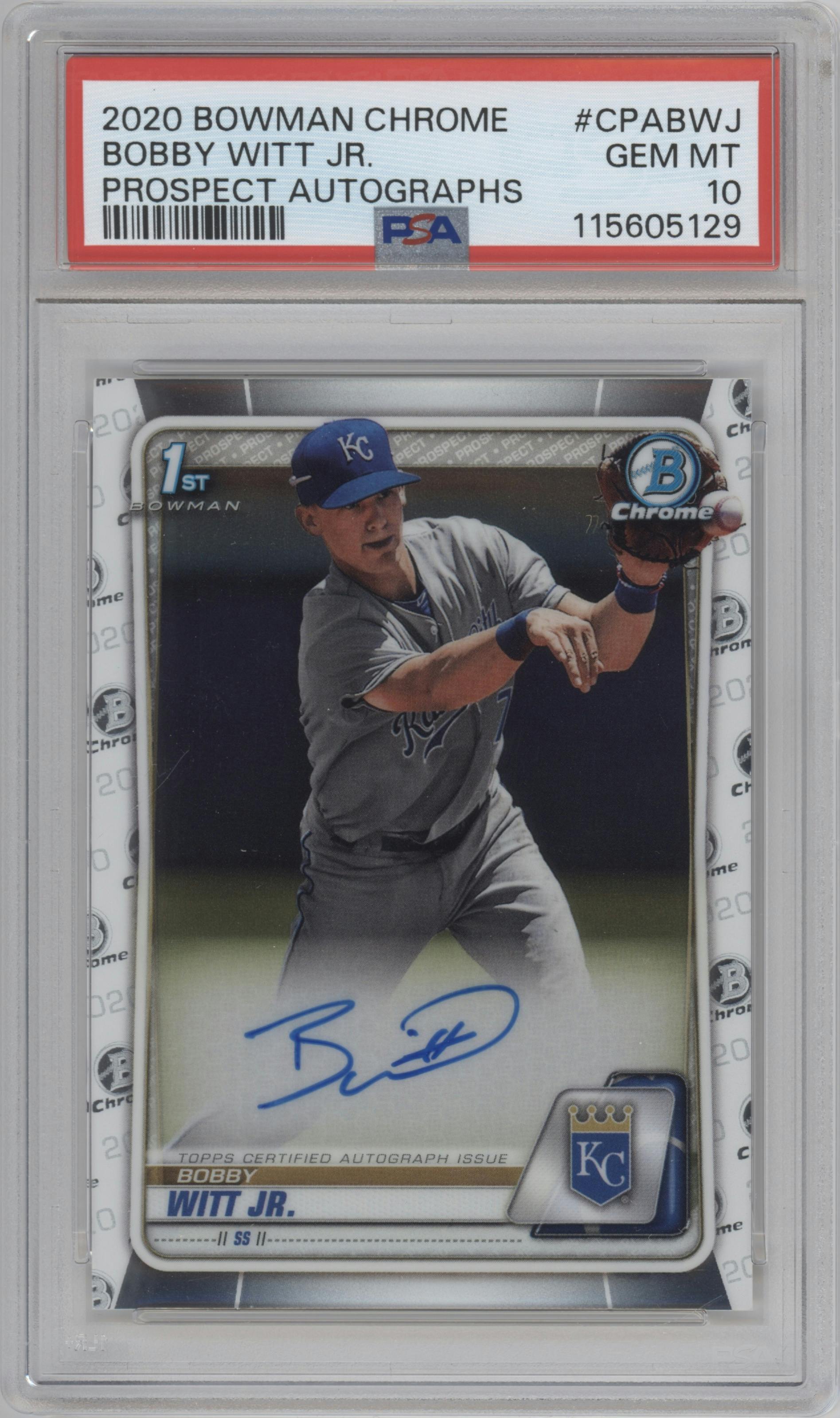 Bobby Witt Jr. from the 2020 Bowman set graded by PSA and given an overall grade of 10.