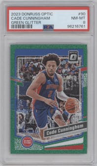 Cade Cunningham from the 2023-24 Donruss Optic set featuring a Green Glitter parallel graded by PSA and given an overall grade of 8.
