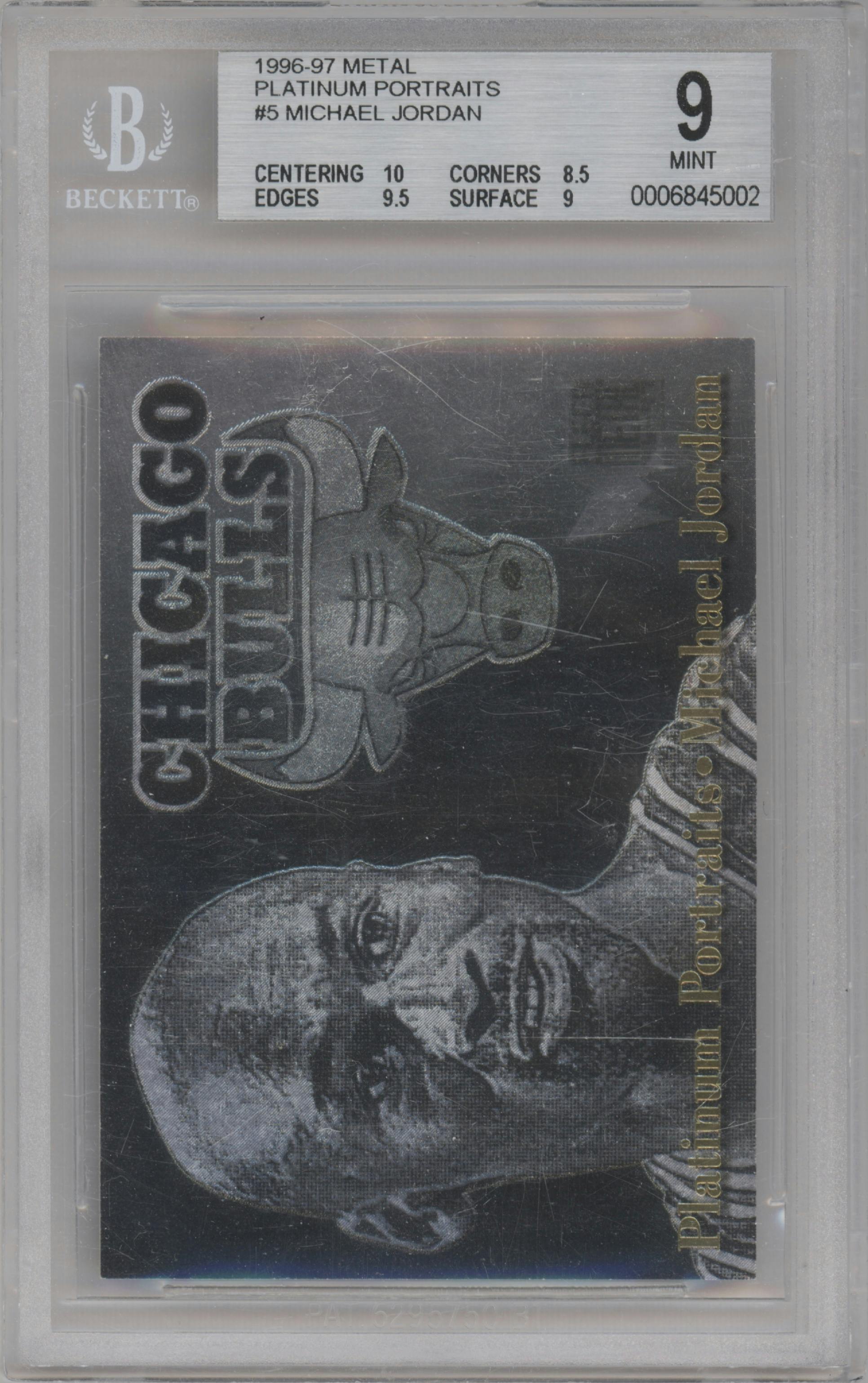 Michael Jordan from the 1996-97 Fleer Metal  set graded by Beckett and given an overall grade of 9.