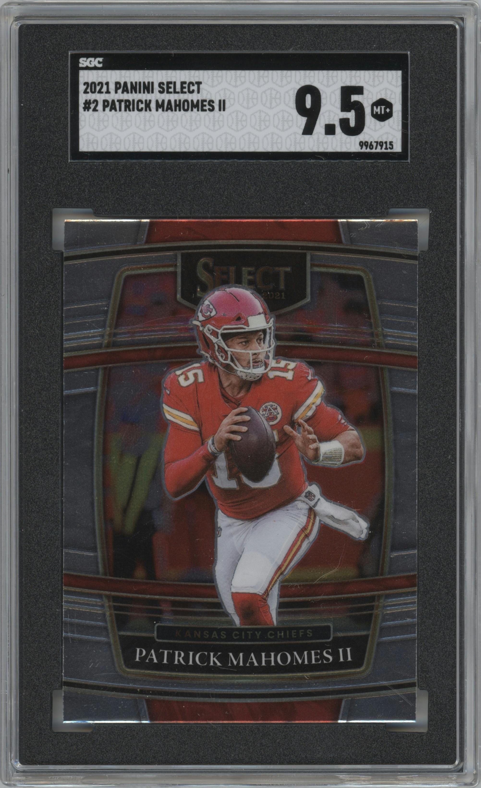 Patrick Mahomes II from the 2021 Panini Select set graded by SGC and given an overall grade of 9.5.