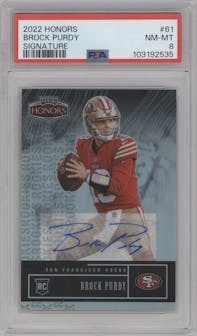 Brock Purdy from the 2022 Panini Honors set graded by PSA and given an overall grade of 8.