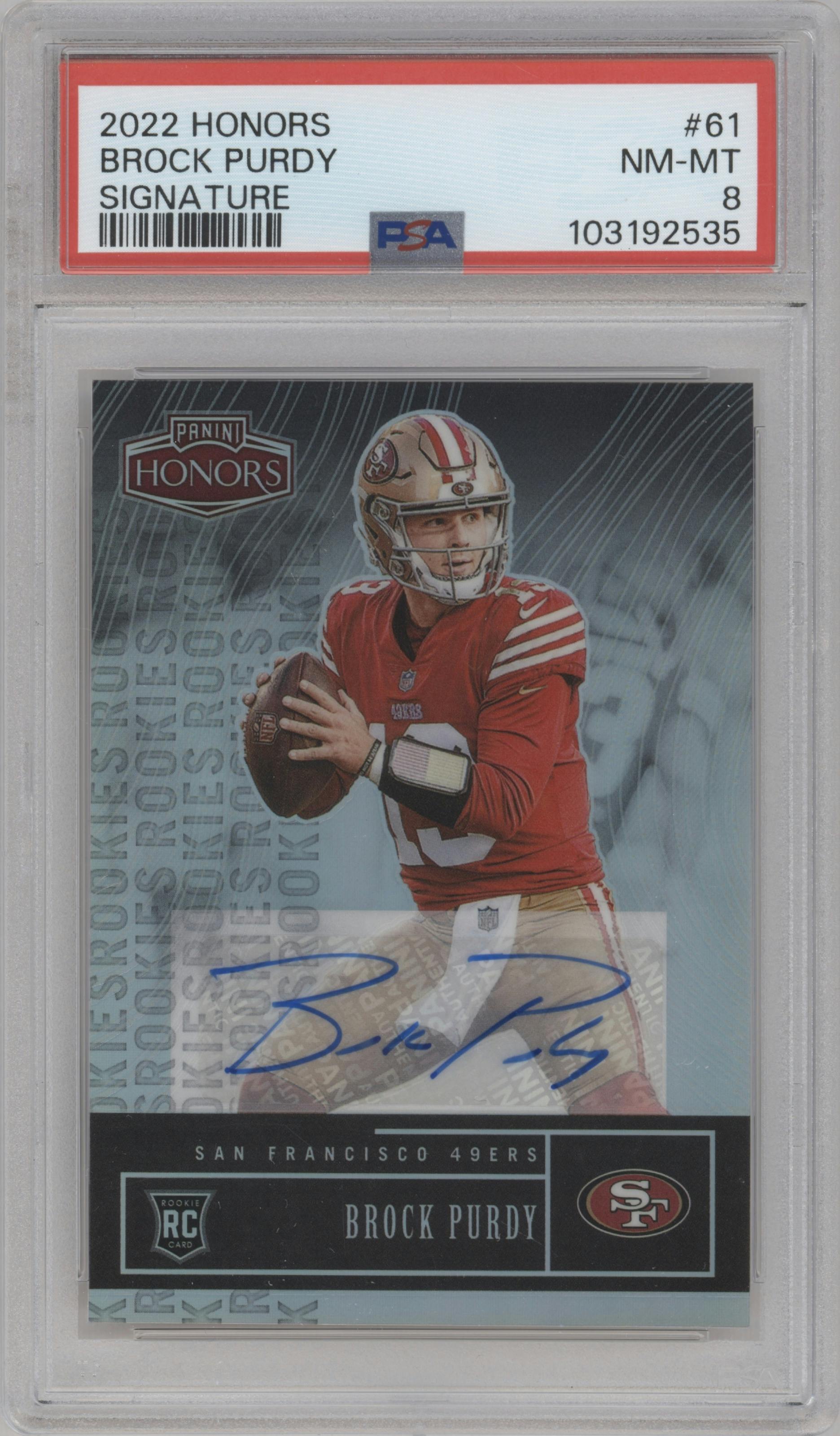Brock Purdy from the 2022 Panini Honors set graded by PSA and given an overall grade of 8.