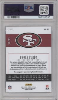 Brock Purdy from the 2022 Panini Honors set graded by PSA and given an overall grade of 8.