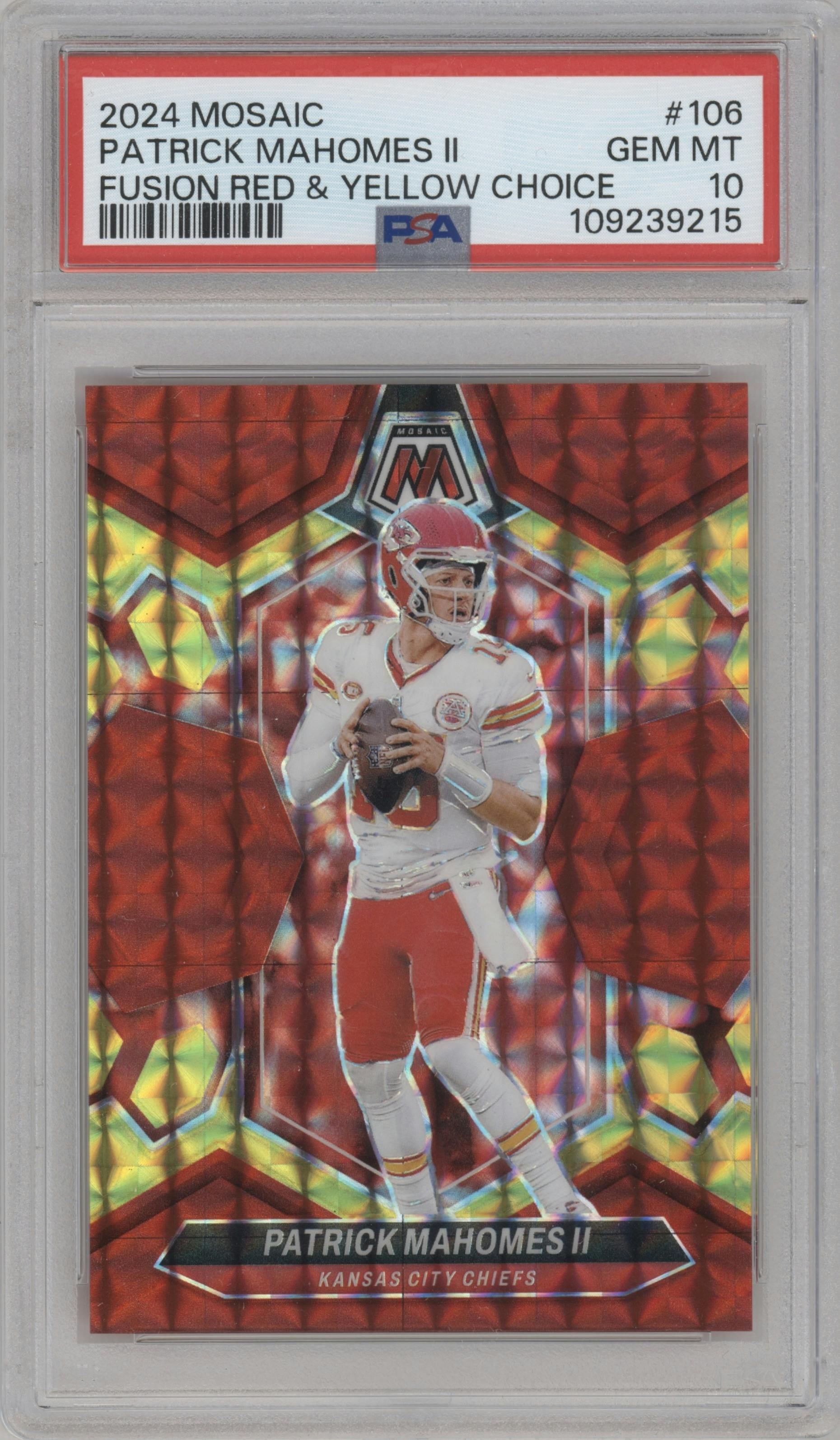 Patrick Mahomes II from the 2024 Panini Mosaic set featuring a Choice Red/Yellow Fusion parallel graded by PSA and given an overall grade of 10.