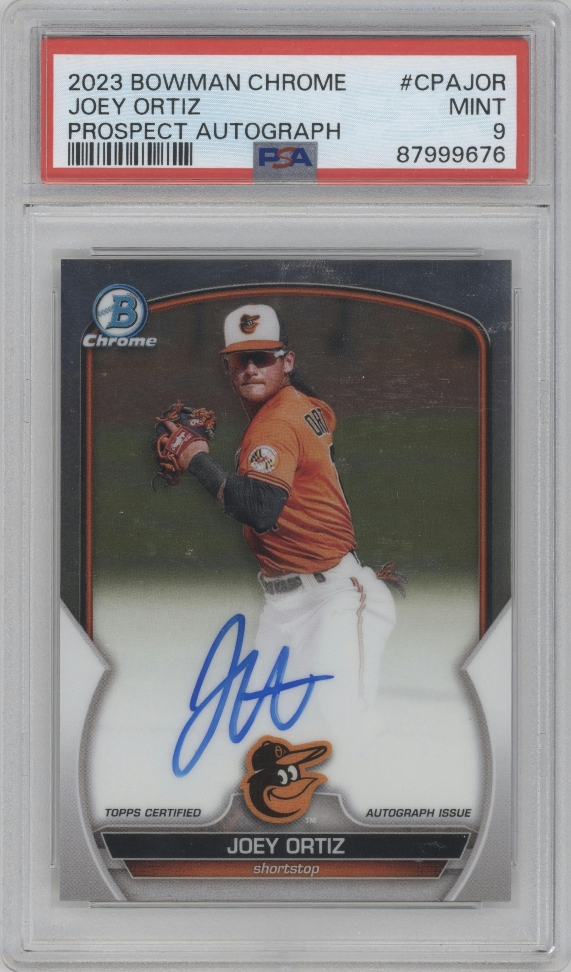 Joey Ortiz from the 2023 Bowman Chrome set graded by PSA and given an overall grade of 9.