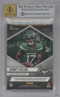 Garrett Wilson from the 2022 Panini Phoenix set featuring a Nike Swoosh parallel graded by Beckett and given an overall grade of 8.5.