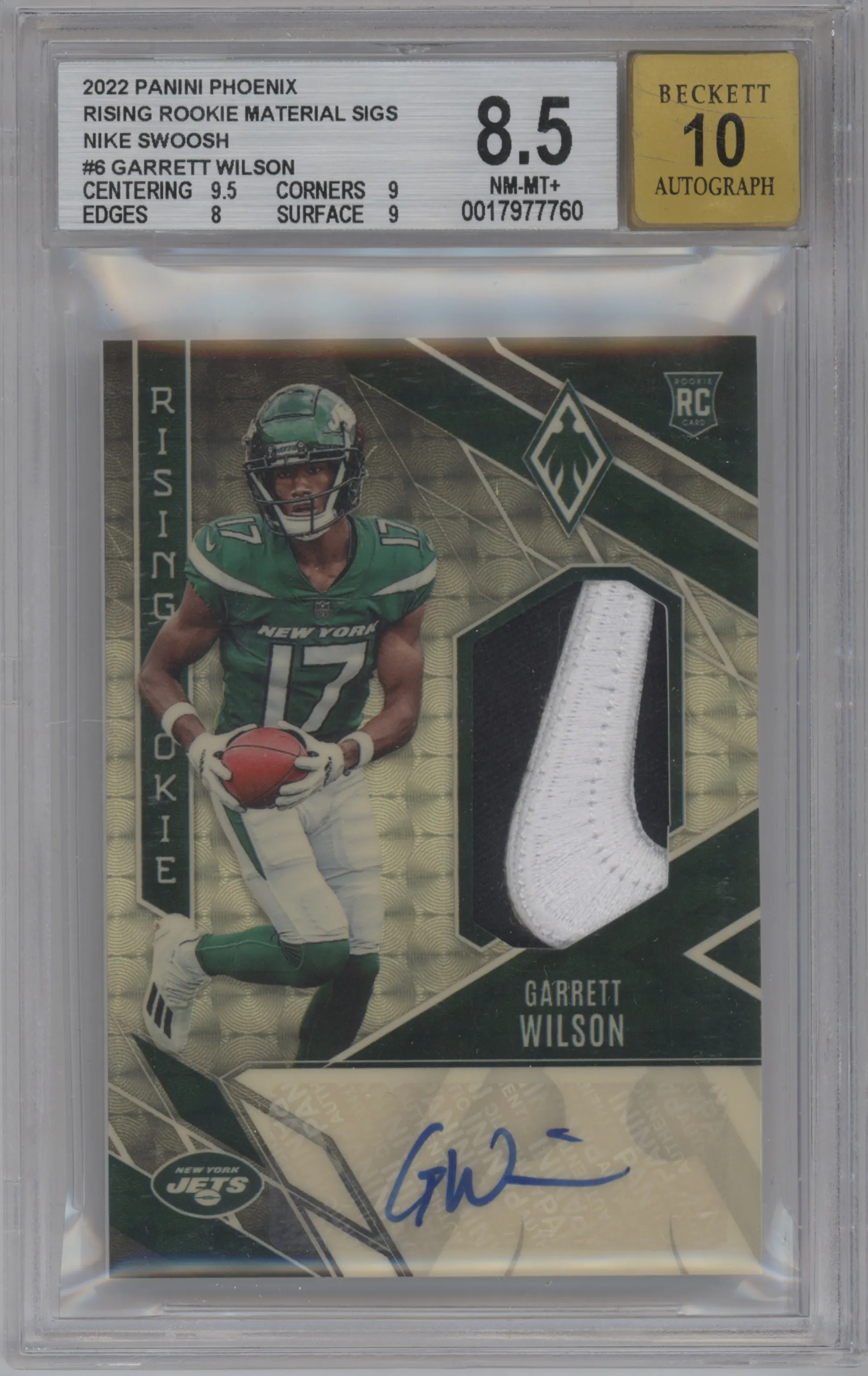 Garrett Wilson from the 2022 Panini Phoenix set featuring a Nike Swoosh parallel graded by Beckett and given an overall grade of 8.5.