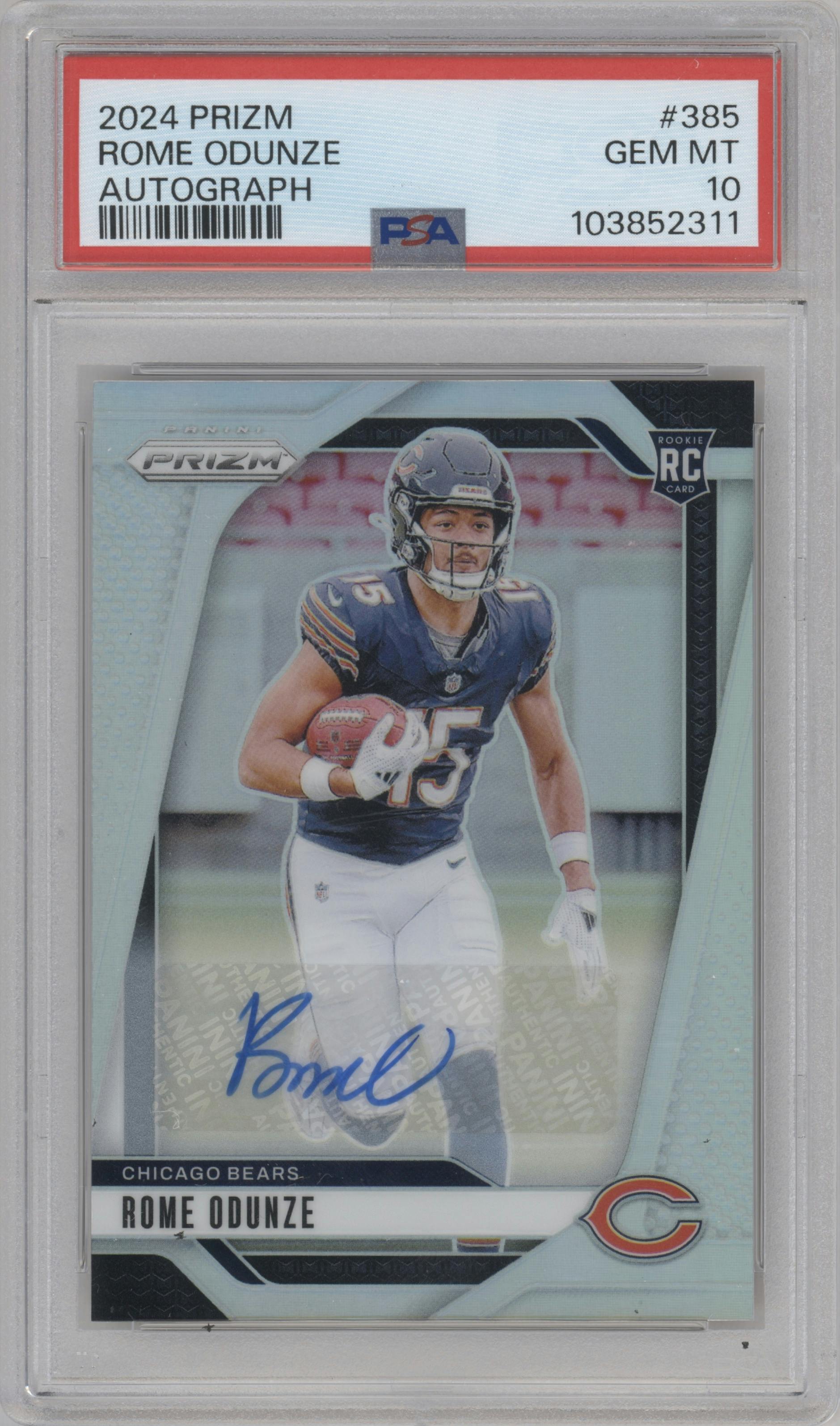Rome Odunze from the 2024 Panini Prizm set graded by PSA and given an overall grade of 10.