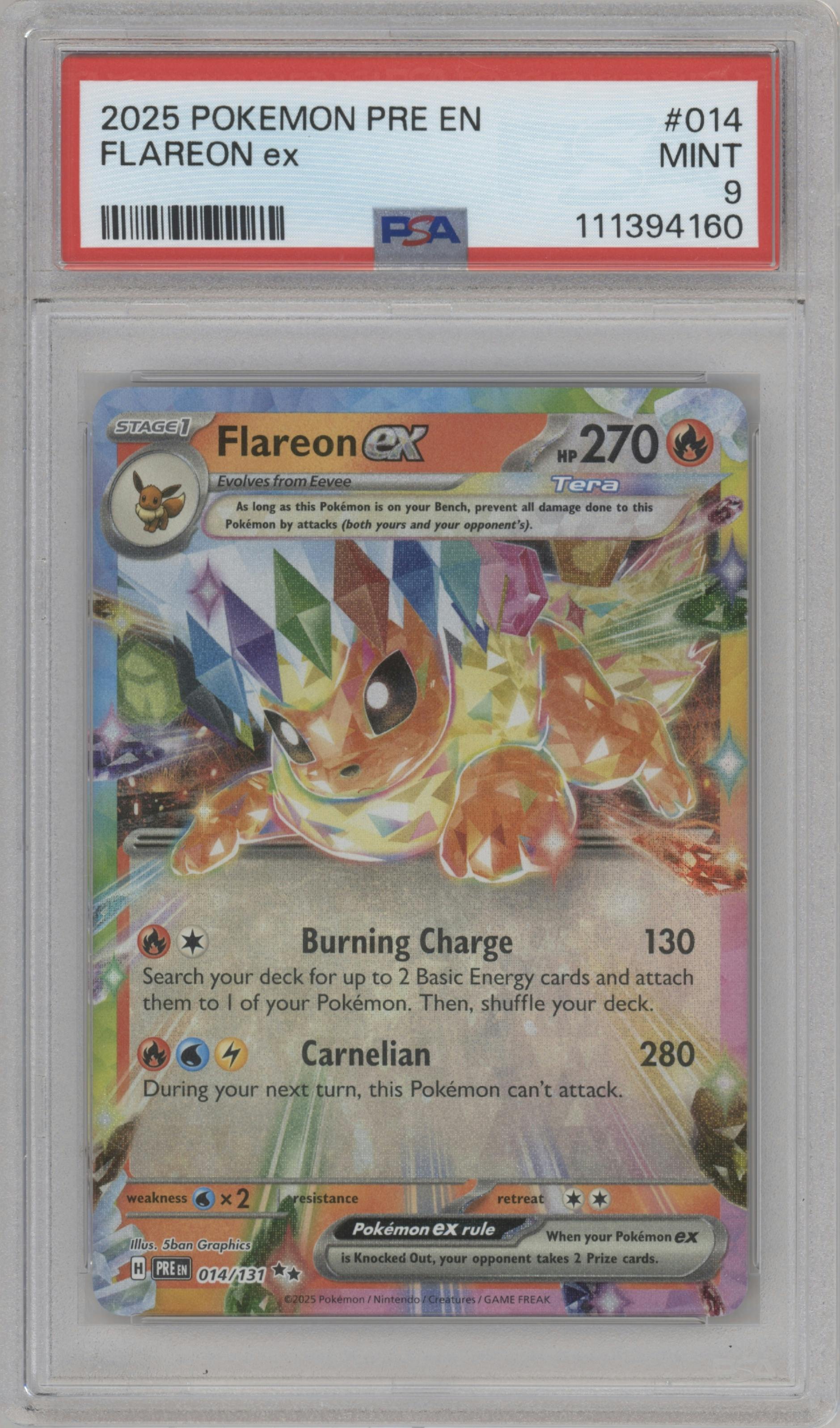 Flareon ex from the 2025 Pokemon SV set graded by PSA and given an overall grade of 9.