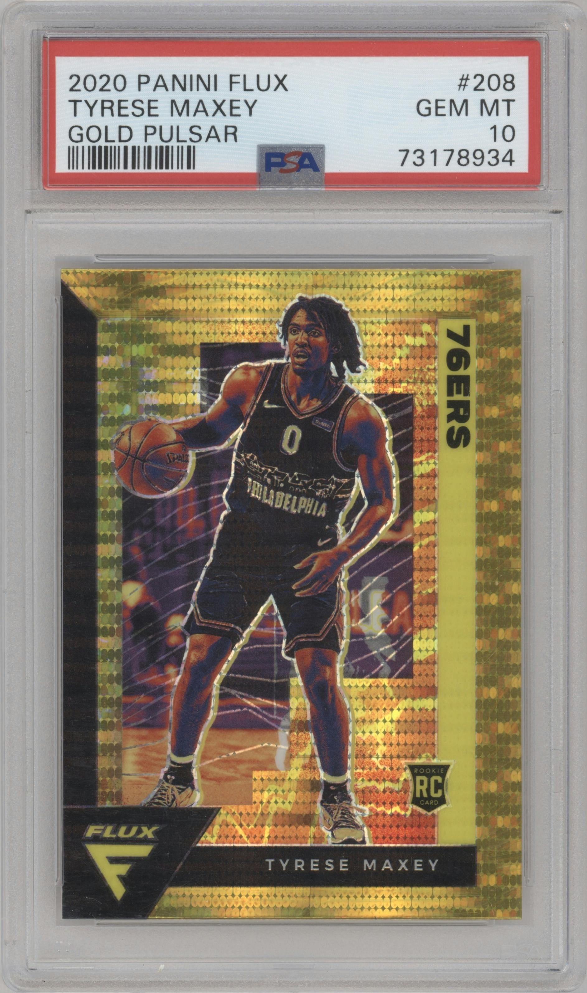 Tyrese Maxey from the 2020-21 Panini Flux set featuring a Gold Pulsar parallel graded by PSA and given an overall grade of 10.