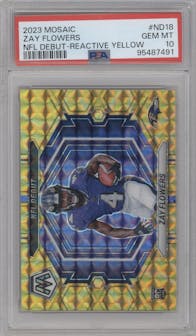 Zay Flowers from the 2023 Panini Mosaic set featuring a Reactive Yellow parallel graded by PSA and given an overall grade of 10.