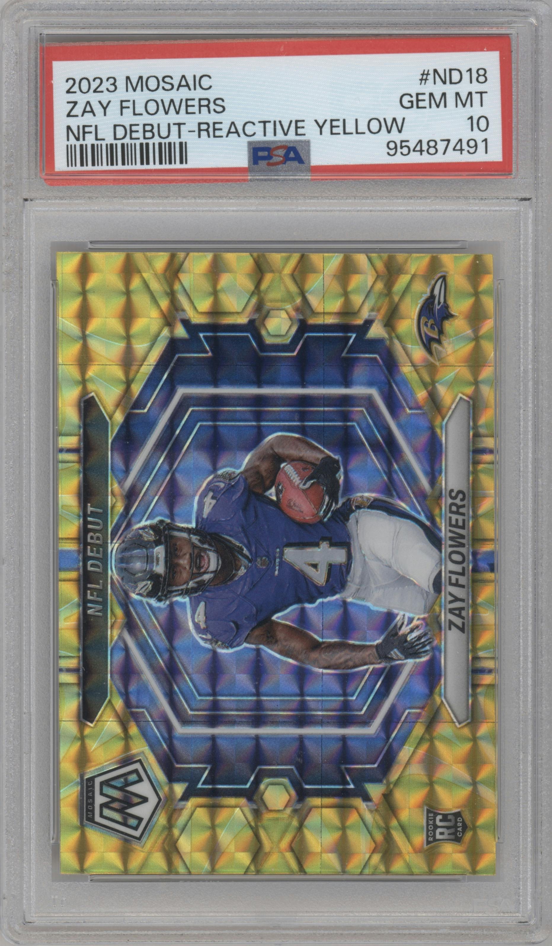 Zay Flowers from the 2023 Panini Mosaic set featuring a Reactive Yellow parallel graded by PSA and given an overall grade of 10.