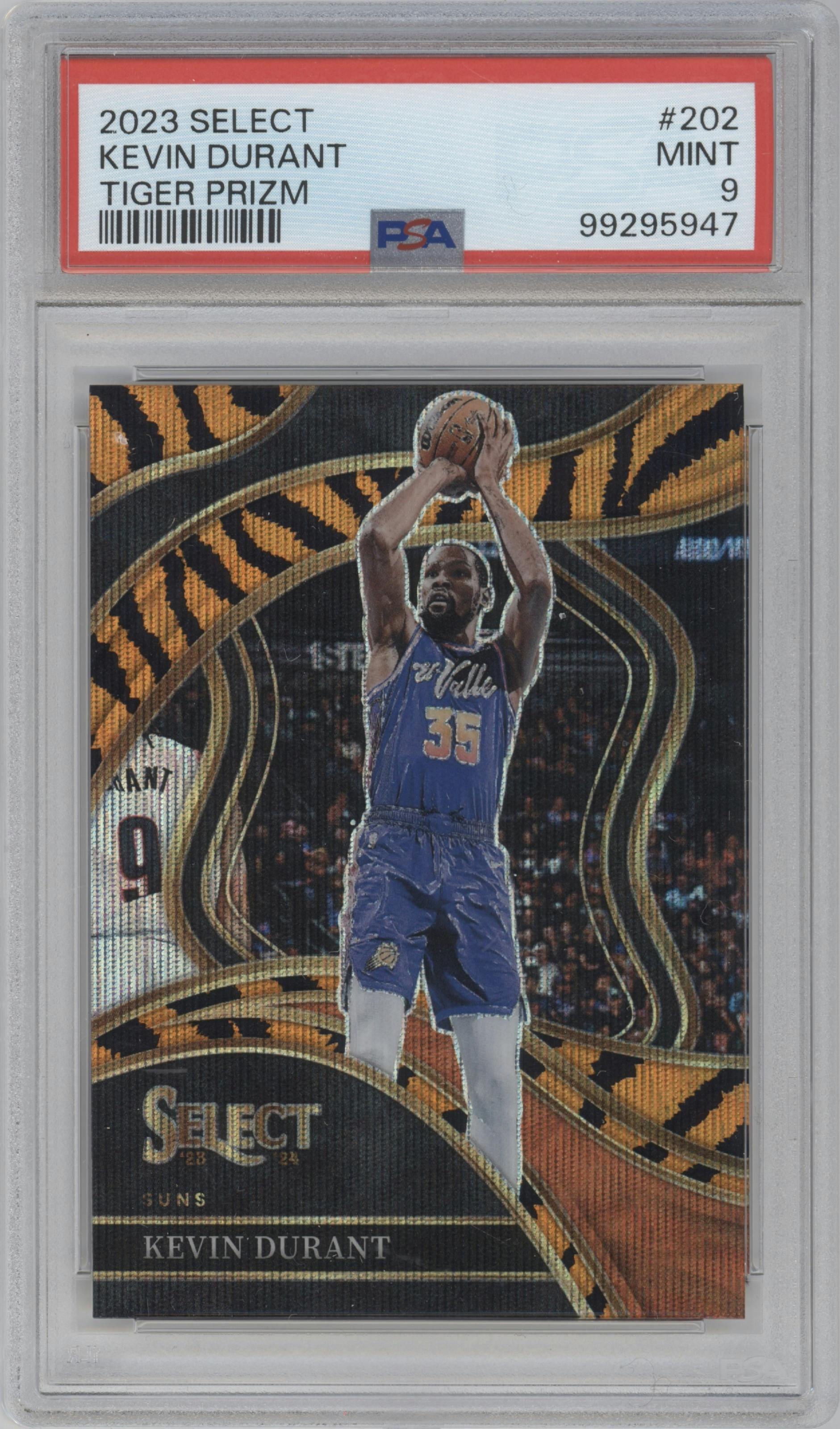 Kevin Durant from the 2023-24 Panini Select  set featuring a Tiger parallel graded by PSA and given an overall grade of 9.