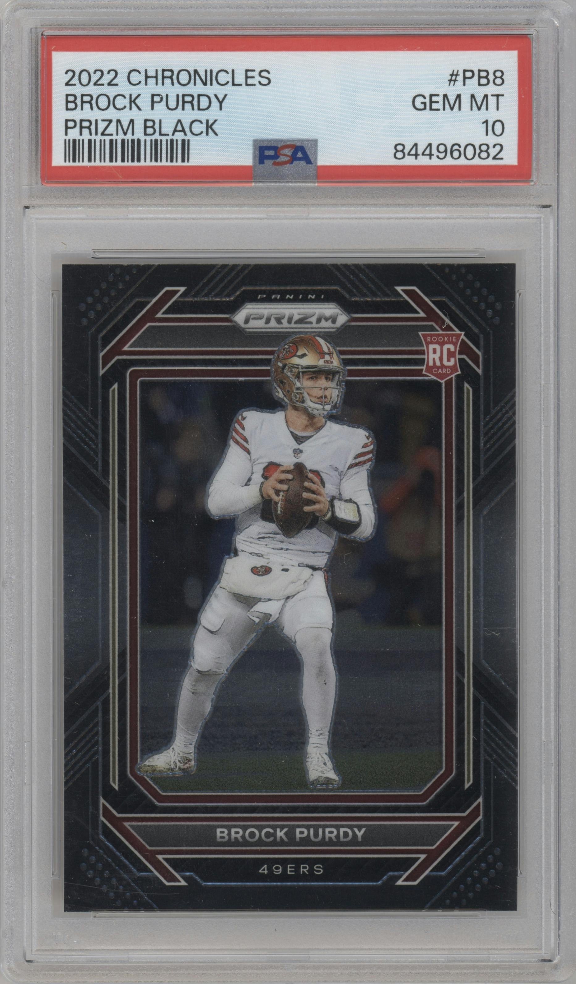 Brock Purdy from the 2022 Panini Chronicles set graded by PSA and given an overall grade of 10.