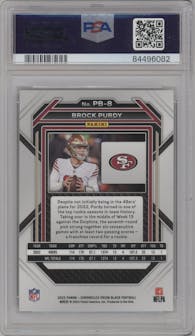 Brock Purdy from the 2022 Panini Chronicles set graded by PSA and given an overall grade of 10.