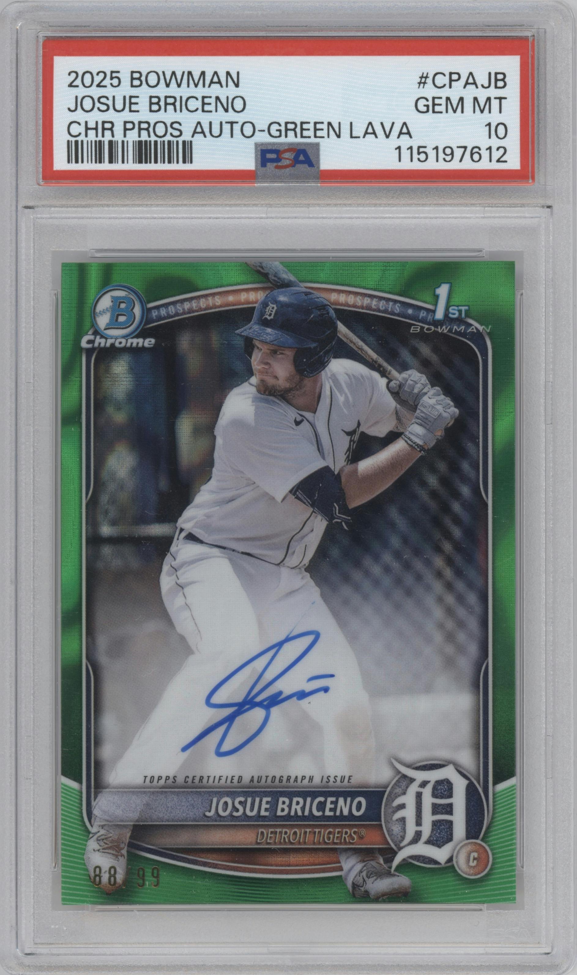 Josue Briceno  from the 2025 Bowman set featuring a Green Lava Refractor parallel graded by PSA and given an overall grade of 10.