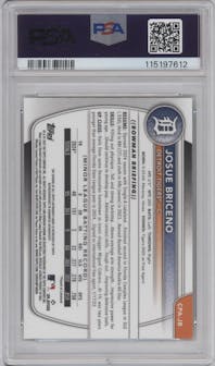 Josue Briceno  from the 2025 Bowman set featuring a Green Lava Refractor parallel graded by PSA and given an overall grade of 10.