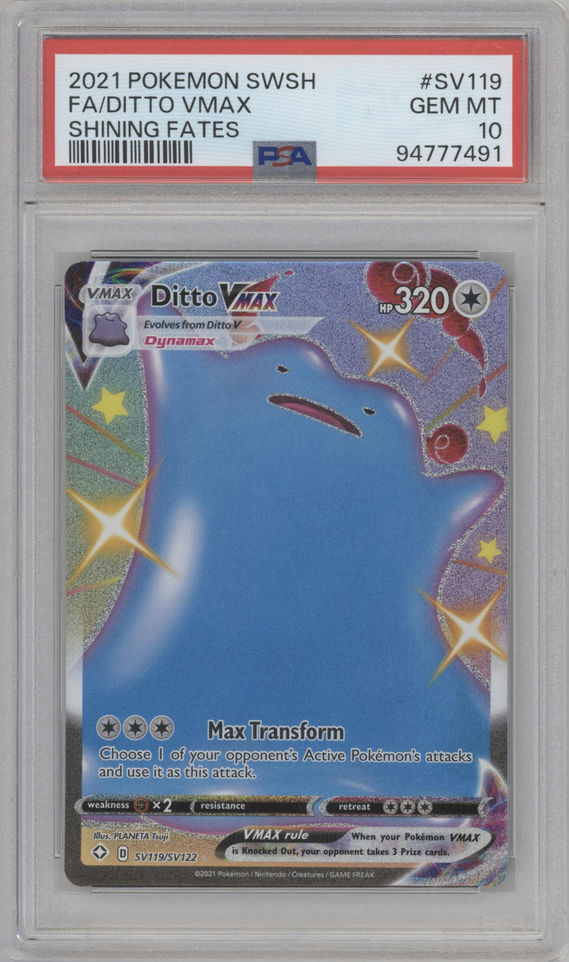 Ditto VMAX from the 2021 Pokemon SWSH set graded by PSA and given an overall grade of 10.