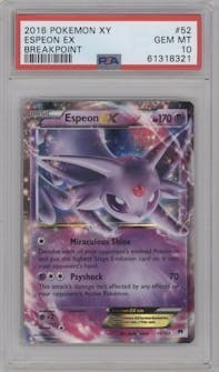 Espeon EX from the 2016 Pokemon XY set graded by PSA and given an overall grade of 10.