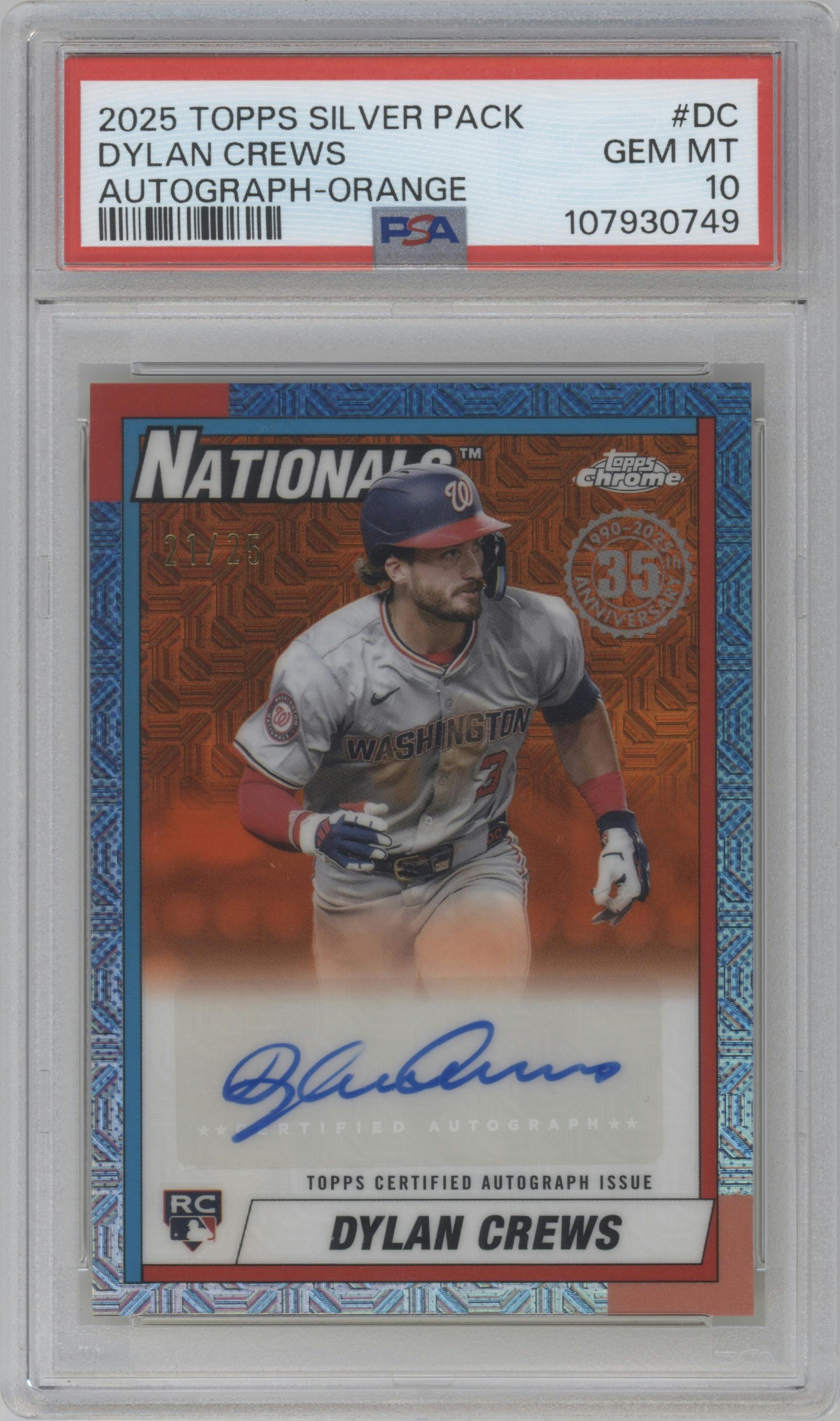 Dylan Crews from the 2025 Topps set featuring a Orange parallel graded by PSA and given an overall grade of 10.