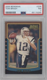 Tom Brady from the 2000 Bowman set graded by PSA and given an overall grade of 7.