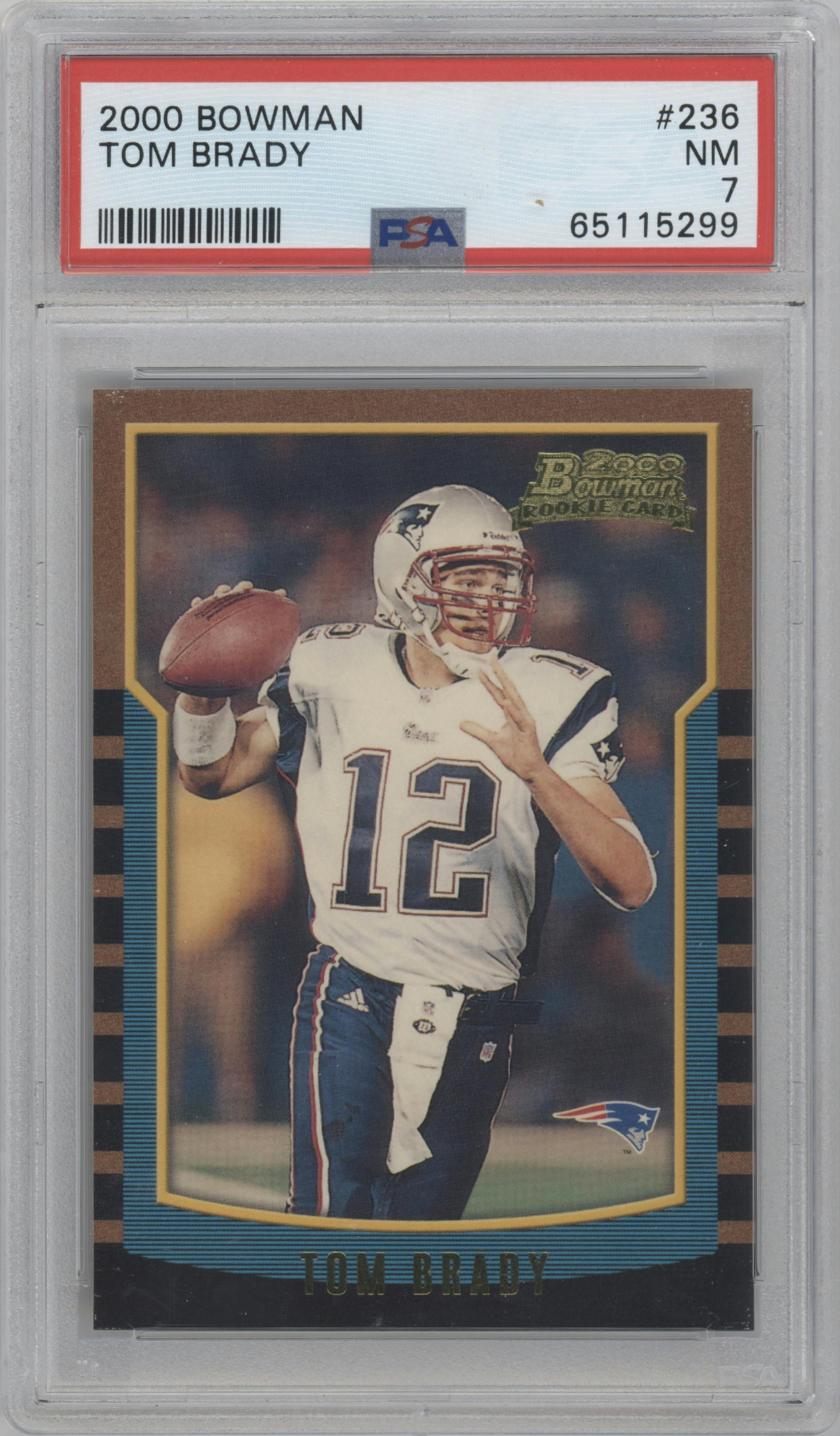 Tom Brady from the 2000 Bowman set graded by PSA and given an overall grade of 7.