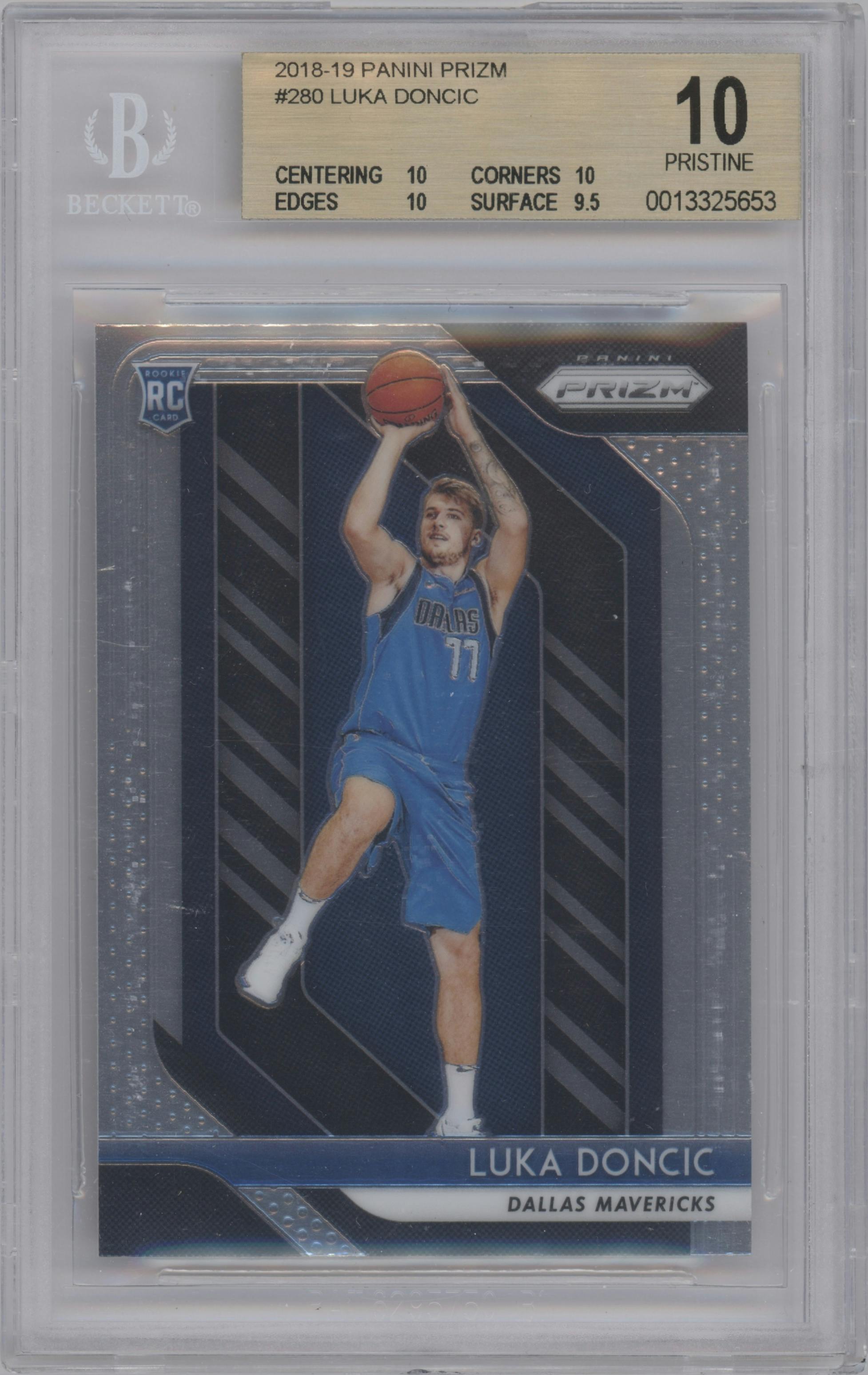 Luka Doncic from the 2018-19 Panini Prizm set graded by Beckett and given an overall grade of 10.