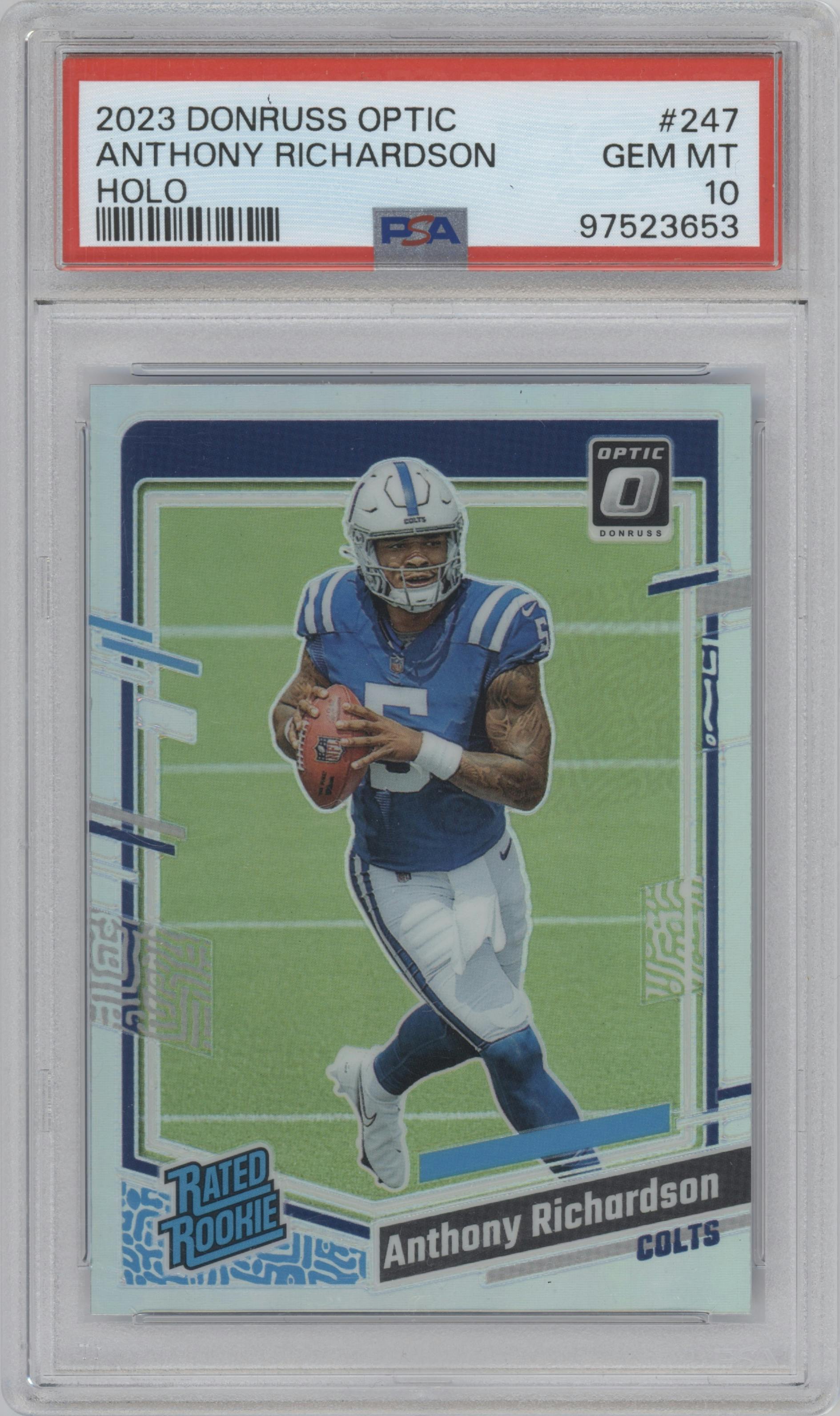 Anthony Richardson from the 2023 Donruss Optic set featuring a Holo parallel graded by PSA and given an overall grade of 10.