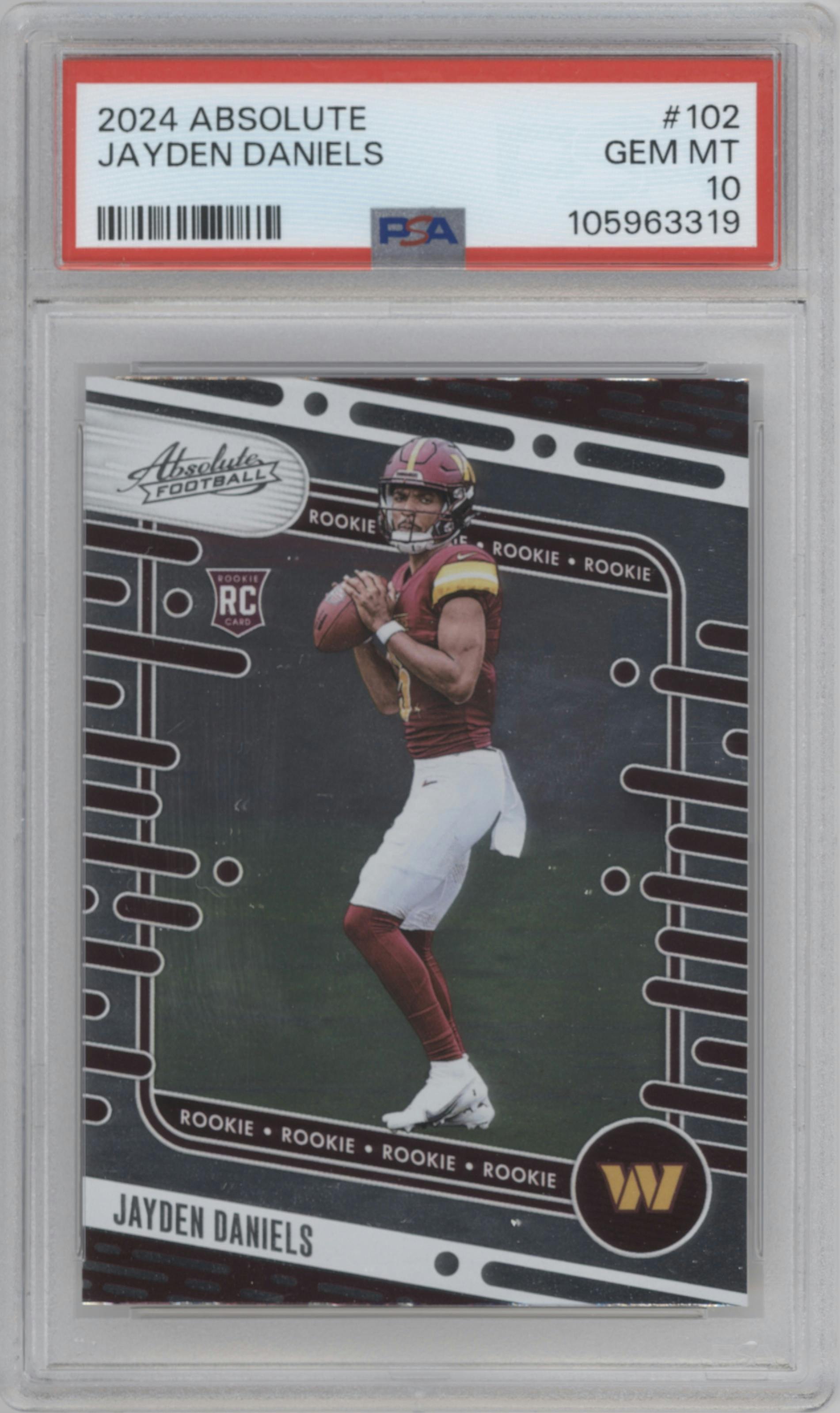 Jayden Daniels from the 2024 Panini Absolute set graded by PSA and given an overall grade of 10.