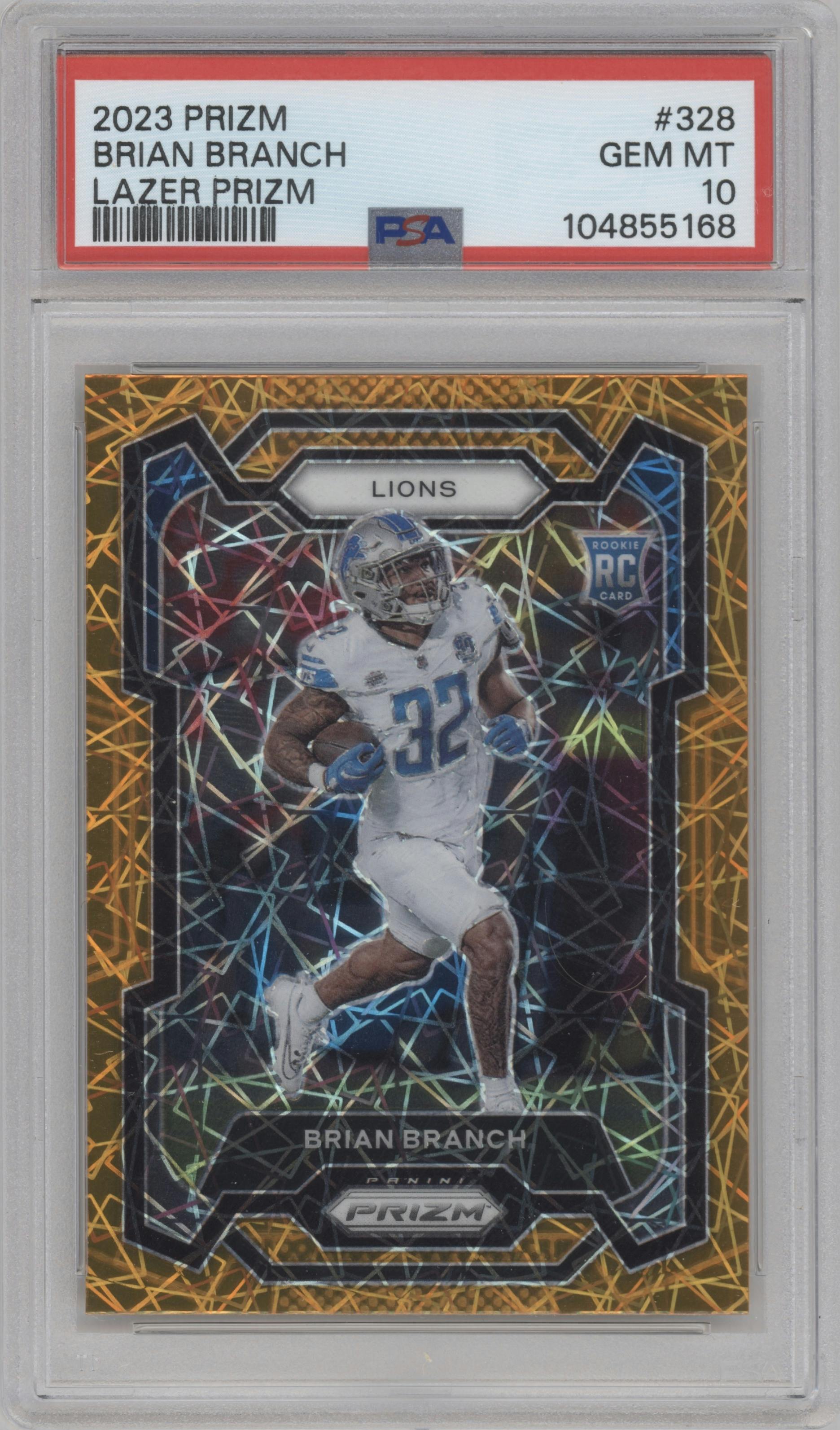 Brian Branch from the 2023 Panini Prizm set featuring a Lazer parallel graded by PSA and given an overall grade of 10.