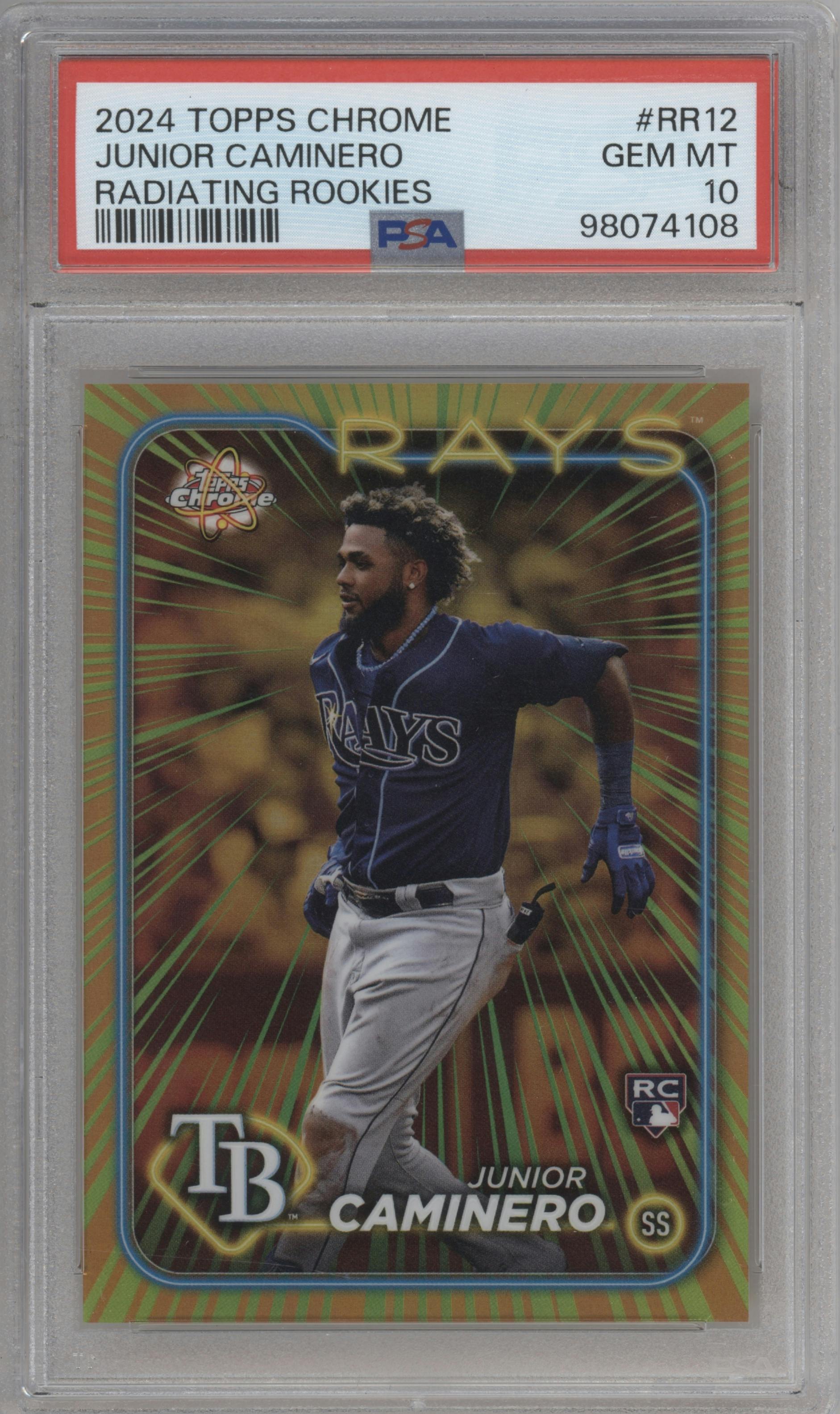 Junior Caminero from the 2024 Topps Chrome set graded by PSA and given an overall grade of 10.