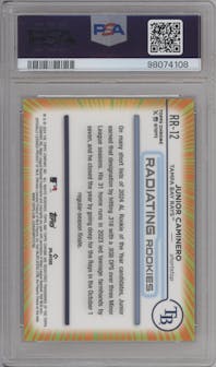 Junior Caminero from the 2024 Topps Chrome set graded by PSA and given an overall grade of 10.